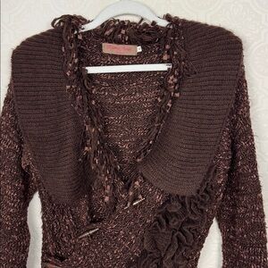 Pretty Angel Brown Knit Cardigan Sweater Medium Boho Ruffle Asymmetrical Witchy